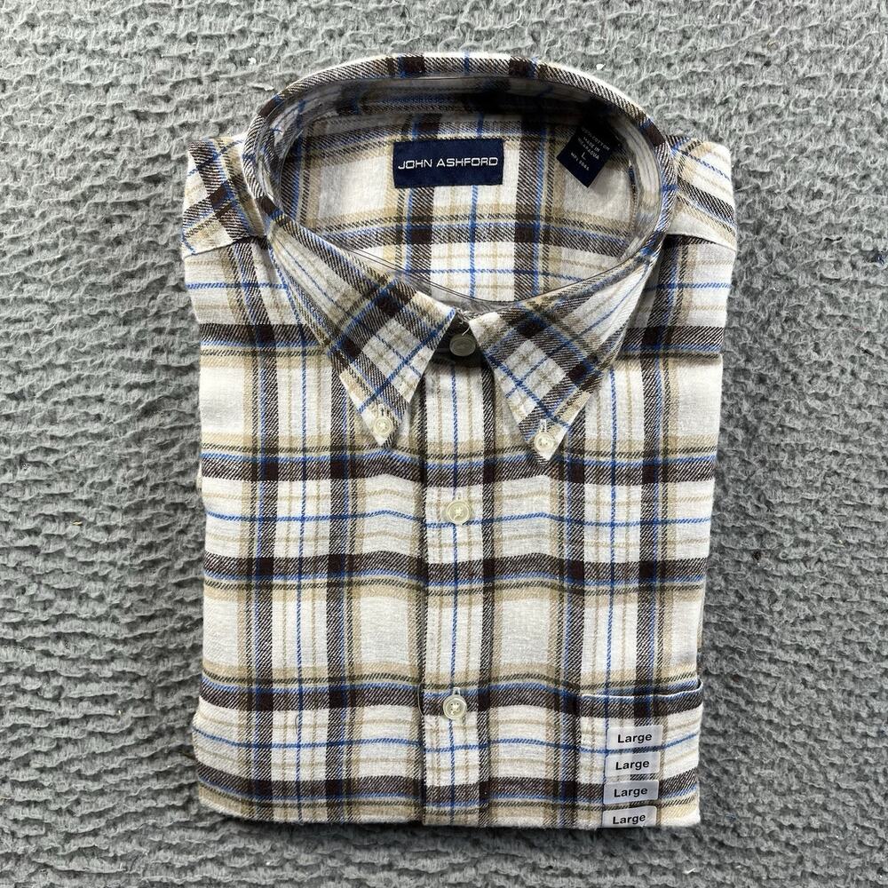 NWT John Ashford Flannel Shirt Mens Large L Brown Blue Plaid Button Down Cotton